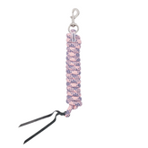 Pink and black braided leadrope with a clip on a white background